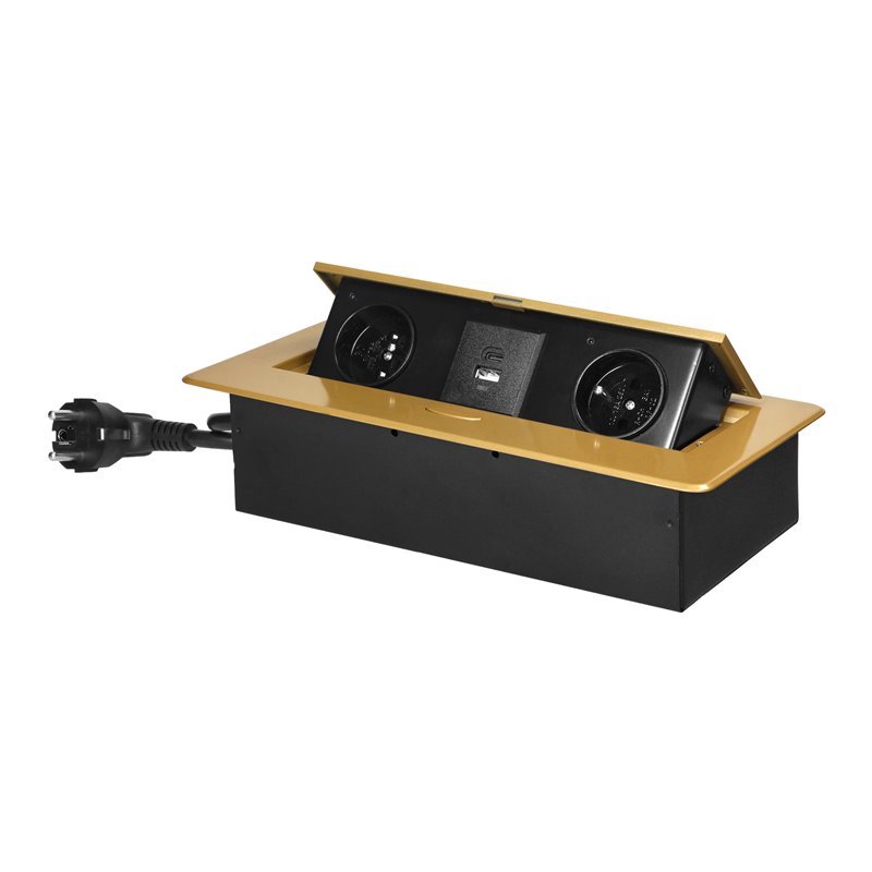 GNIAZDA MEBLOWE WPUSZCZANE W BLAT Z PŁASKIM FREZOWANYM RANTEM, ŁADOWARKĄ USB I PRZEWODEM 1,5M, 2X2P+Z, 2XUSB (TYP A+C 3,6A), ZŁO