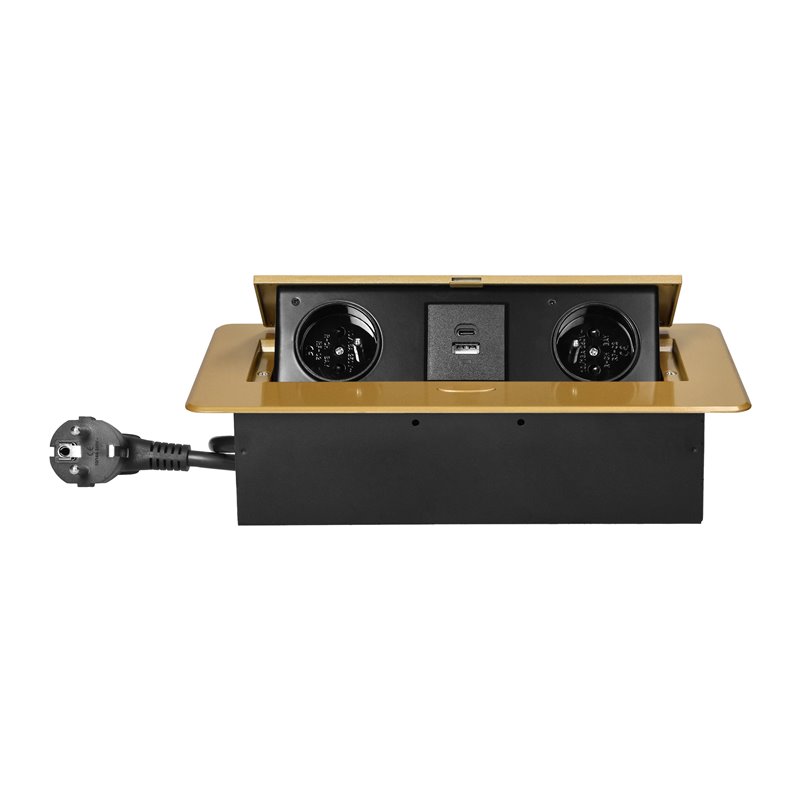 GNIAZDA MEBLOWE WPUSZCZANE W BLAT Z PŁASKIM FREZOWANYM RANTEM, ŁADOWARKĄ USB I PRZEWODEM 1,5M, 2X2P+Z, 2XUSB (TYP A+C 3,6A), ZŁO GNIAZDA MEBLOWE WPUSZCZANE W BLAT Z PŁASKIM FREZOWANYM RANTEM, ŁADOWARKĄ USB I PRZEWODEM 1,5M, 2X2P+Z, 2XUSB (TYP A+C 3,6A), ZŁO
