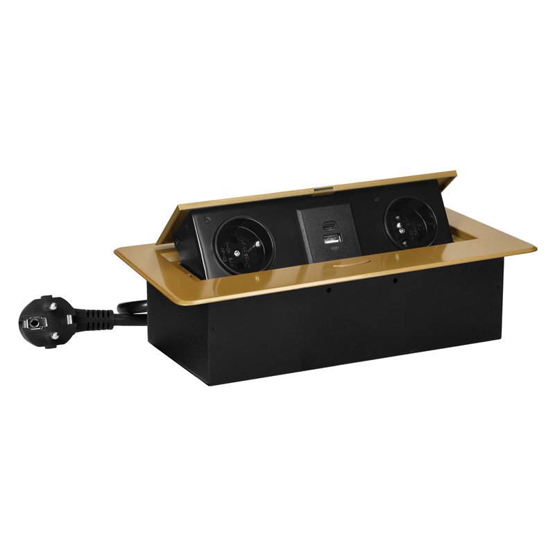 GNIAZDA MEBLOWE WPUSZCZANE W BLAT Z PŁASKIM FREZOWANYM RANTEM, ŁADOWARKĄ USB I PRZEWODEM 1,5M, 2X2P+Z, 2XUSB (TYP A+C 3,6A), ZŁO GNIAZDA MEBLOWE WPUSZCZANE W BLAT Z PŁASKIM FREZOWANYM RANTEM, ŁADOWARKĄ USB I PRZEWODEM 1,5M, 2X2P+Z, 2XUSB (TYP A+C 3,6A), ZŁO