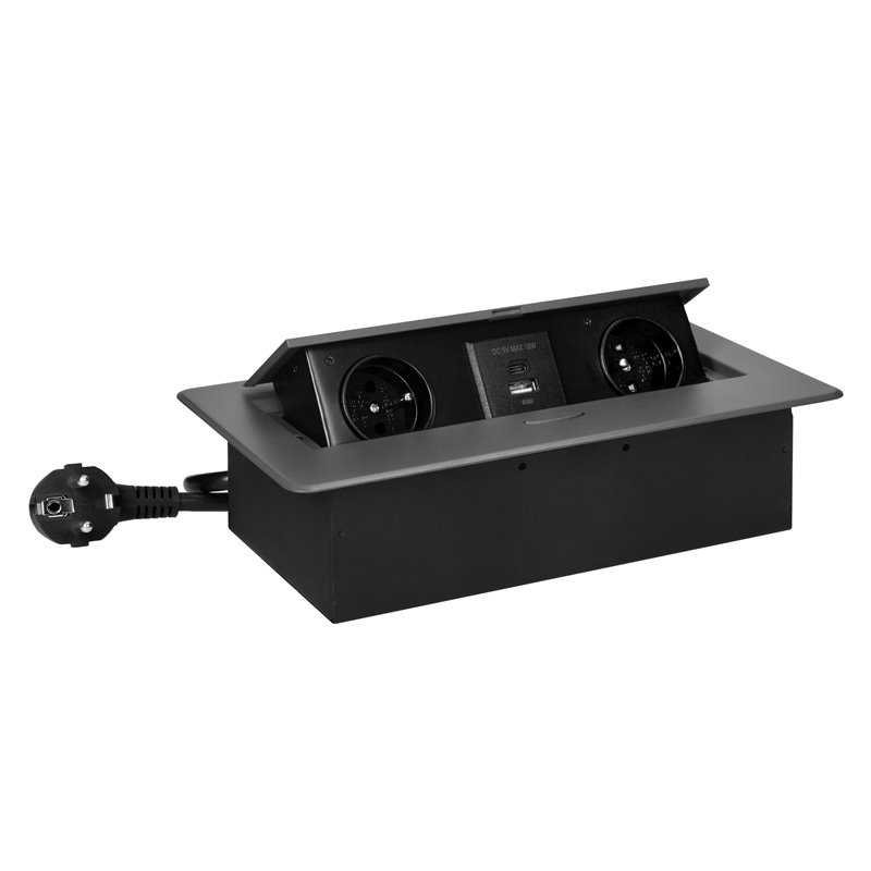 GNIAZDA MEBLOWE WPUSZCZANE W BLAT Z PŁASKIM FREZOWANYM RANTEM, ŁADOWARKĄ USB I PRZEWODEM 1,5M, 2X2P+Z, 2XUSB (TYP A+C 3,6A), GRA GNIAZDA MEBLOWE WPUSZCZANE W BLAT Z PŁASKIM FREZOWANYM RANTEM, ŁADOWARKĄ USB I PRZEWODEM 1,5M, 2X2P+Z, 2XUSB (TYP A+C 3,6A), GRA