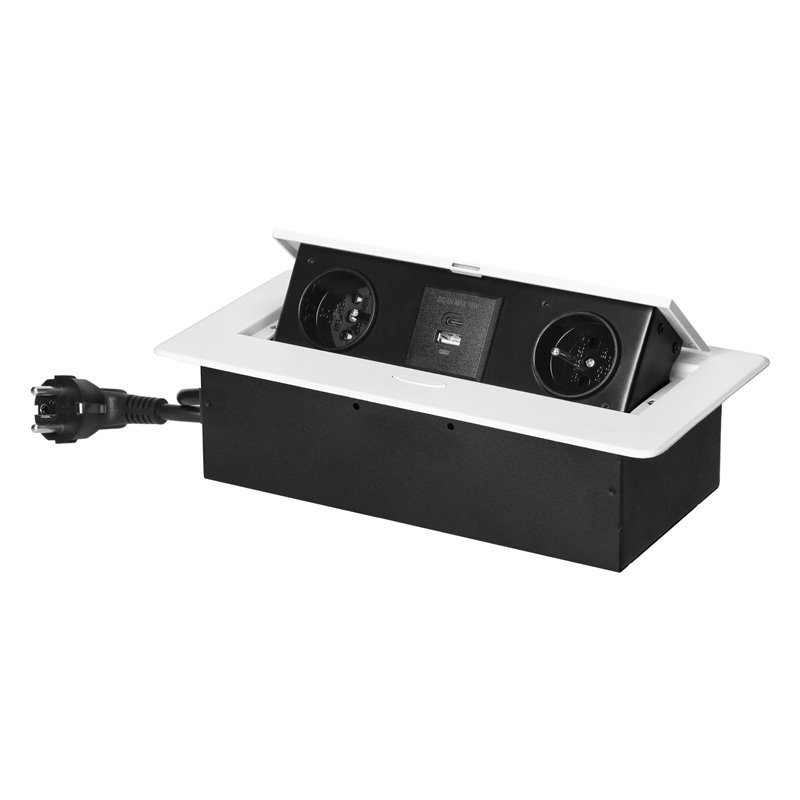 GNIAZDA MEBLOWE WPUSZCZANE W BLAT Z PŁASKIM FREZOWANYM RANTEM, ŁADOWARKĄ USB I PRZEWODEM 1,5M, 2X2P+Z, 2XUSB (TYP A+C 3,6A), BIA GNIAZDA MEBLOWE WPUSZCZANE W BLAT Z PŁASKIM FREZOWANYM RANTEM, ŁADOWARKĄ USB I PRZEWODEM 1,5M, 2X2P+Z, 2XUSB (TYP A+C 3,6A), BIA