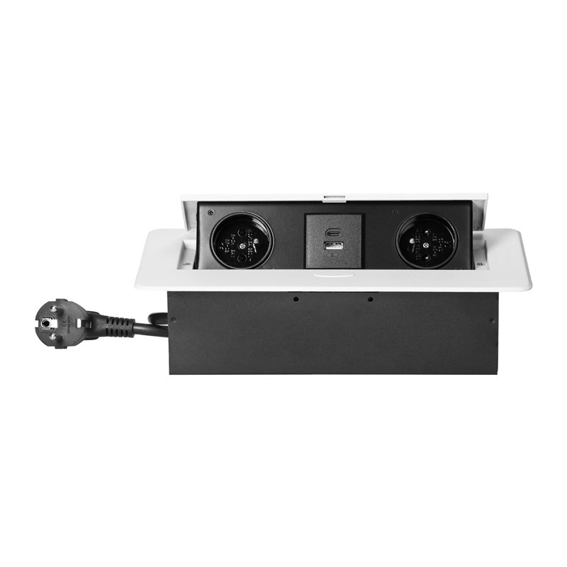 GNIAZDA MEBLOWE WPUSZCZANE W BLAT Z PŁASKIM FREZOWANYM RANTEM, ŁADOWARKĄ USB I PRZEWODEM 1,5M, 2X2P+Z, 2XUSB (TYP A+C 3,6A), BIA GNIAZDA MEBLOWE WPUSZCZANE W BLAT Z PŁASKIM FREZOWANYM RANTEM, ŁADOWARKĄ USB I PRZEWODEM 1,5M, 2X2P+Z, 2XUSB (TYP A+C 3,6A), BIA