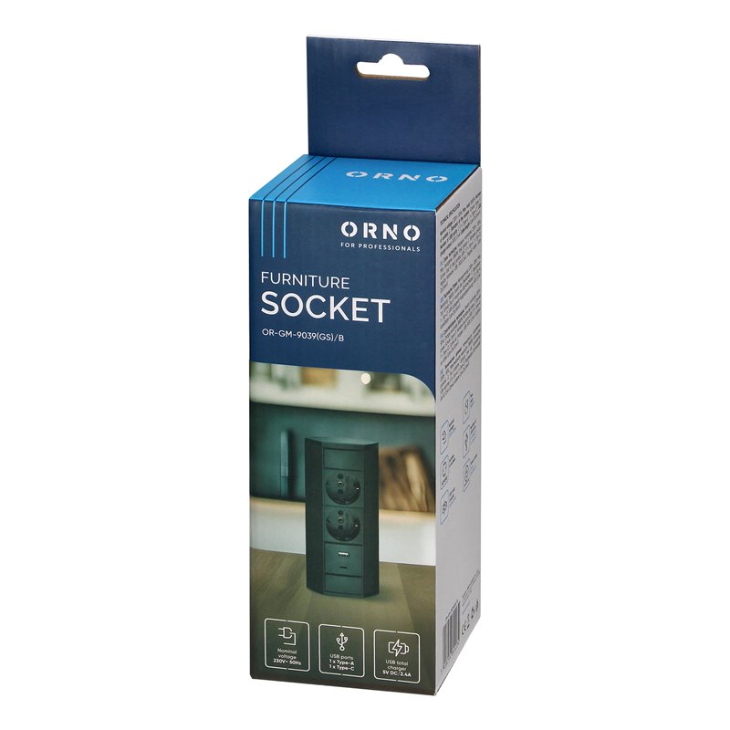 GNIAZDO MEBLOWE 2X2P+Z (SCHUKO), 2XUSB (TYP A+C 2,4A), CZARNE ORNO GNIAZDO MEBLOWE 2X2P+Z (SCHUKO), 2XUSB (TYP A+C 2,4A), CZARNE ORNO