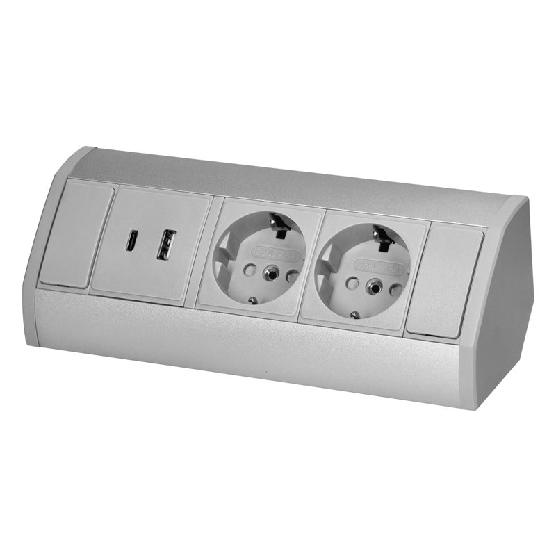 GNIAZDO MEBLOWE 2X2P+Z (SCHUKO), 2XUSB (TYP A+C 2,4A), SZARO-SREBRNE ORNO GNIAZDO MEBLOWE 2X2P+Z (SCHUKO), 2XUSB (TYP A+C 2,4A), SZARO-SREBRNE ORNO