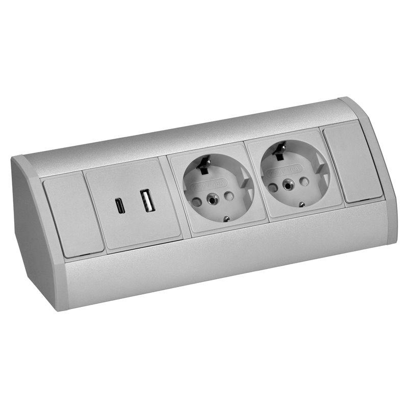 GNIAZDO MEBLOWE 2X2P+Z (SCHUKO), 2XUSB (TYP A+C 2,4A), SZARO-SREBRNE ORNO GNIAZDO MEBLOWE 2X2P+Z (SCHUKO), 2XUSB (TYP A+C 2,4A), SZARO-SREBRNE ORNO