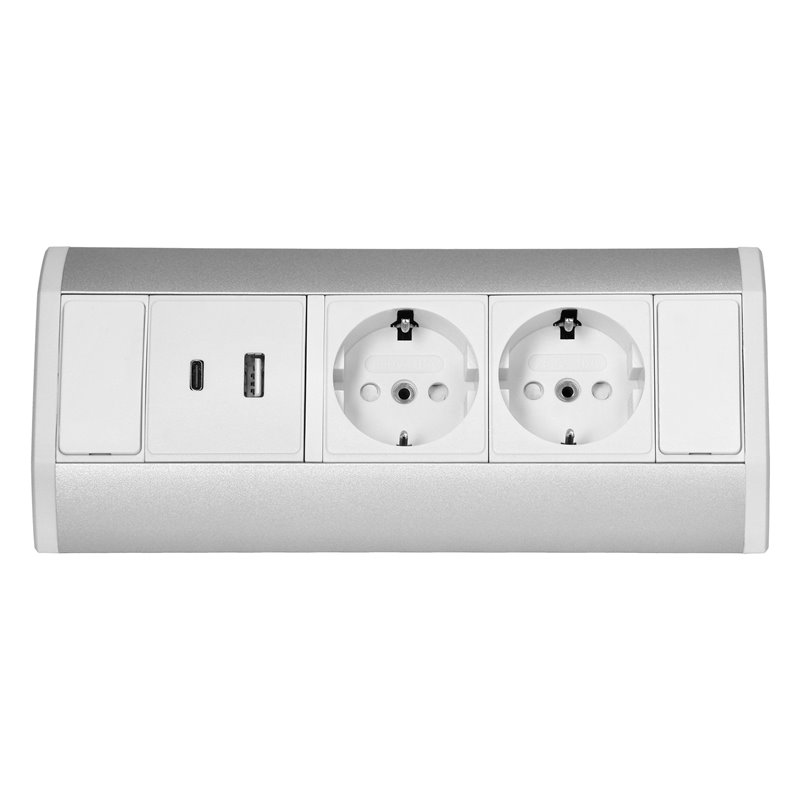 GNIAZDO MEBLOWE 2X2P+Z (SCHUKO), 2XUSB (TYP A+C 2,4A), BIAŁO-SREBRNE ORNO GNIAZDO MEBLOWE 2X2P+Z (SCHUKO), 2XUSB (TYP A+C 2,4A), BIAŁO-SREBRNE ORNO