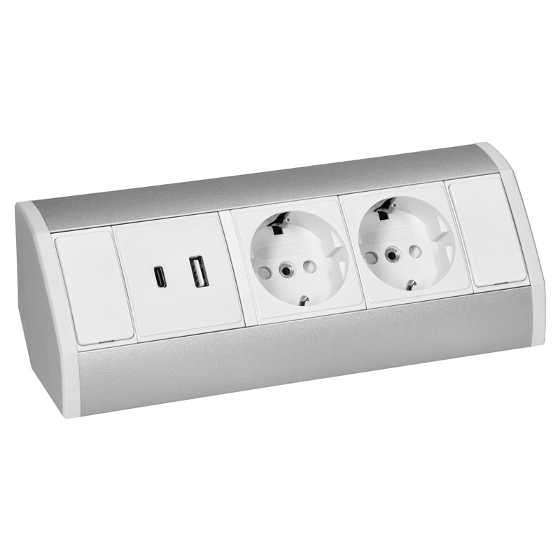 GNIAZDO MEBLOWE 2X2P+Z (SCHUKO), 2XUSB (TYP A+C 2,4A), BIAŁO-SREBRNE ORNO GNIAZDO MEBLOWE 2X2P+Z (SCHUKO), 2XUSB (TYP A+C 2,4A), BIAŁO-SREBRNE ORNO
