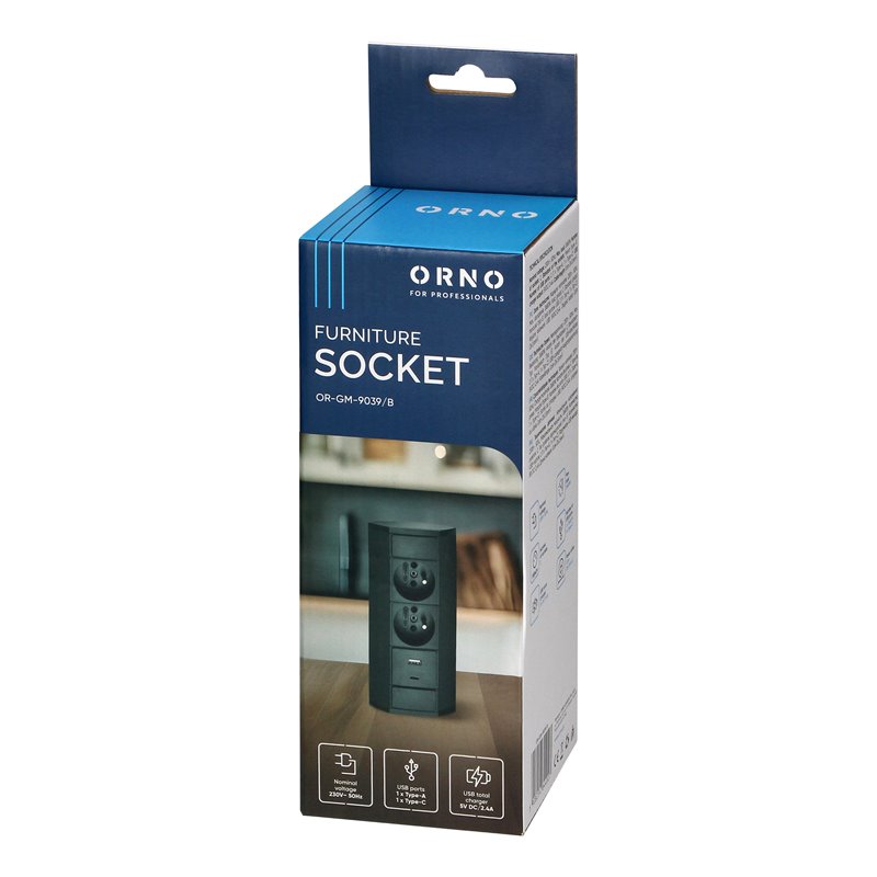 GNIAZDO MEBLOWE 2X2P+Z, 2XUSB (TYP A+C 2,4A), CZARNE ORNO GNIAZDO MEBLOWE 2X2P+Z, 2XUSB (TYP A+C 2,4A), CZARNE ORNO