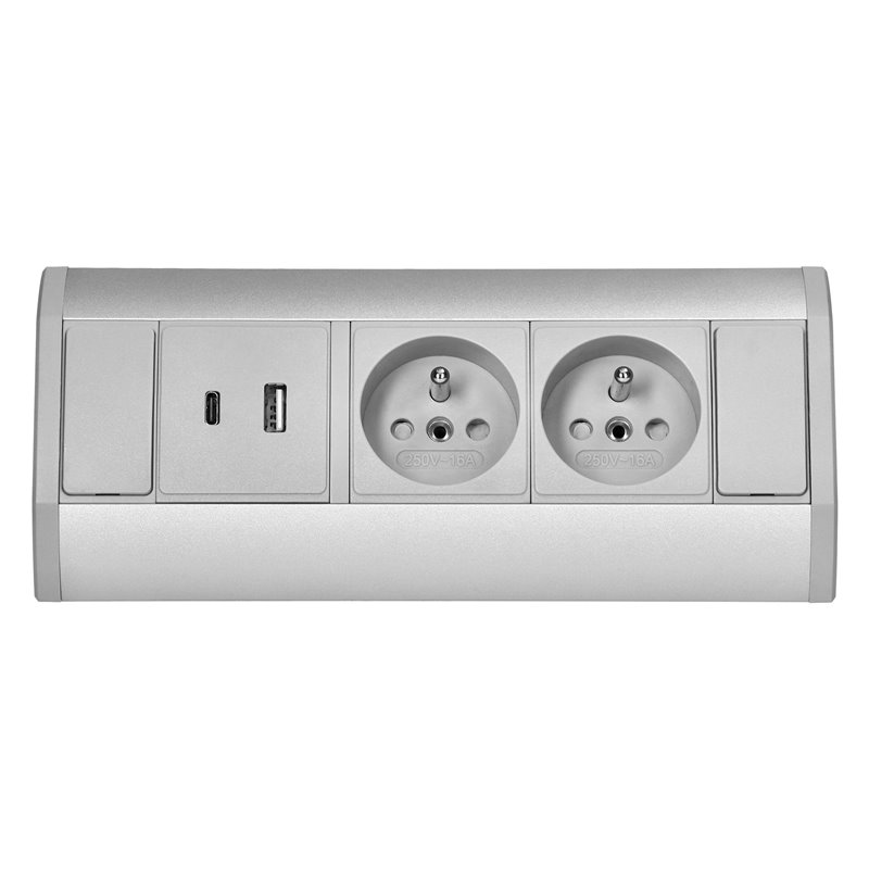 GNIAZDO MEBLOWE 2X2P+Z, 2XUSB (TYP A+C 2,4A), SZARO-SREBRNE ORNO GNIAZDO MEBLOWE 2X2P+Z, 2XUSB (TYP A+C 2,4A), SZARO-SREBRNE ORNO