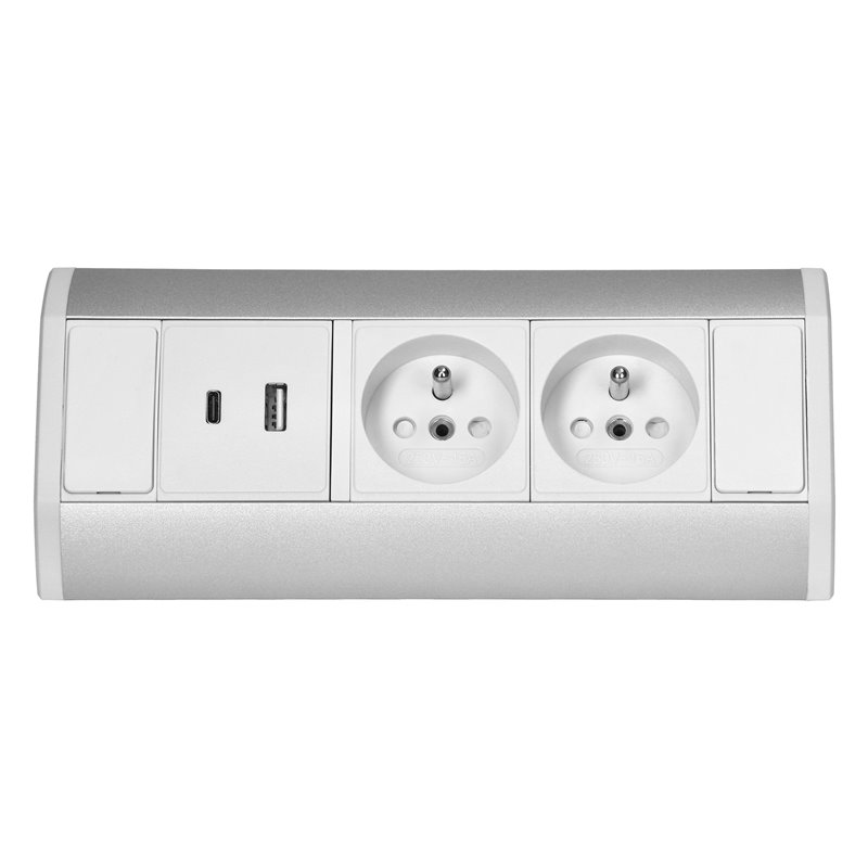 GNIAZDO MEBLOWE 2X2P+Z, 2XUSB (TYP A+C 2,4A), BIAŁO-SREBRNE ORNO GNIAZDO MEBLOWE 2X2P+Z, 2XUSB (TYP A+C 2,4A), BIAŁO-SREBRNE ORNO