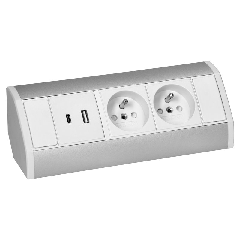 GNIAZDO MEBLOWE 2X2P+Z, 2XUSB (TYP A+C 2,4A), BIAŁO-SREBRNE ORNO GNIAZDO MEBLOWE 2X2P+Z, 2XUSB (TYP A+C 2,4A), BIAŁO-SREBRNE ORNO