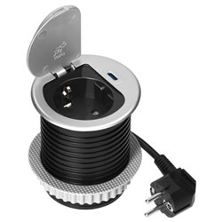 GNIAZDO MEBLOWE O6CM WPUSZCZANE W BLAT Z POKRYWKĄ, ŁADOWARKĄ USB I PRZEWODEM 1,9M, 1X2P+Z (SCHUKO), 1XUSB (TYP C 20W), SREBRNE O GNIAZDO MEBLOWE O6CM WPUSZCZANE W BLAT Z POKRYWKĄ, ŁADOWARKĄ USB I PRZEWODEM 1,9M, 1X2P+Z (SCHUKO), 1XUSB (TYP C 20W), SREBRNE O