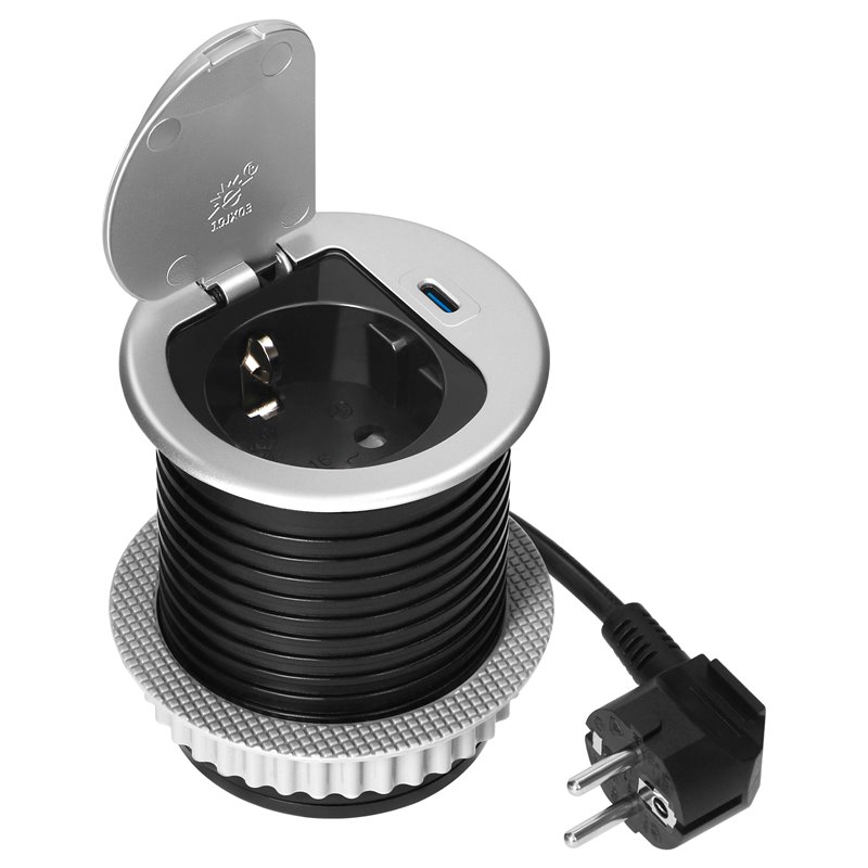 GNIAZDO MEBLOWE O6CM WPUSZCZANE W BLAT Z POKRYWKĄ, ŁADOWARKĄ USB I PRZEWODEM 1,9M, 1X2P+Z (SCHUKO), 1XUSB (TYP C 20W), SREBRNE O GNIAZDO MEBLOWE O6CM WPUSZCZANE W BLAT Z POKRYWKĄ, ŁADOWARKĄ USB I PRZEWODEM 1,9M, 1X2P+Z (SCHUKO), 1XUSB (TYP C 20W), SREBRNE O