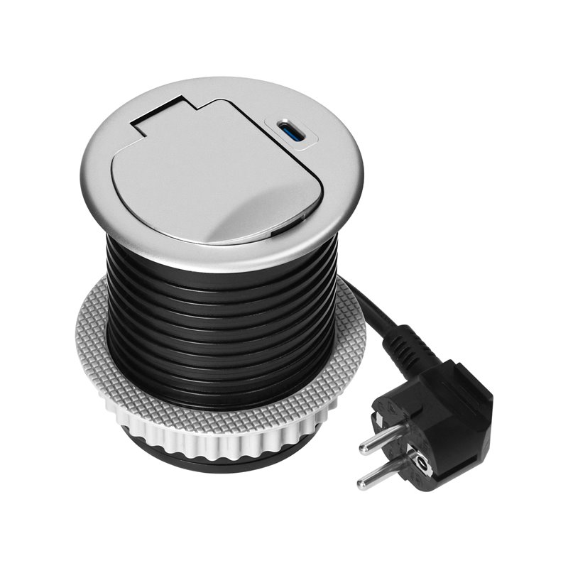 GNIAZDO MEBLOWE O6CM WPUSZCZANE W BLAT Z POKRYWKĄ, ŁADOWARKĄ USB I PRZEWODEM 1,9M, 1X2P+Z (SCHUKO), 1XUSB (TYP C 20W), SREBRNE O GNIAZDO MEBLOWE O6CM WPUSZCZANE W BLAT Z POKRYWKĄ, ŁADOWARKĄ USB I PRZEWODEM 1,9M, 1X2P+Z (SCHUKO), 1XUSB (TYP C 20W), SREBRNE O