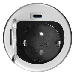 GNIAZDO MEBLOWE O6CM WPUSZCZANE W BLAT Z POKRYWKĄ, ŁADOWARKĄ USB I PRZEWODEM 1,9M, 1X2P+Z (SCHUKO), 1XUSB (TYP C 20W), SREBRNE O GNIAZDO MEBLOWE O6CM WPUSZCZANE W BLAT Z POKRYWKĄ, ŁADOWARKĄ USB I PRZEWODEM 1,9M, 1X2P+Z (SCHUKO), 1XUSB (TYP C 20W), SREBRNE O
