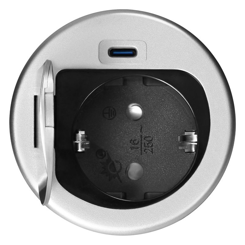 GNIAZDO MEBLOWE O6CM WPUSZCZANE W BLAT Z POKRYWKĄ, ŁADOWARKĄ USB I PRZEWODEM 1,9M, 1X2P+Z (SCHUKO), 1XUSB (TYP C 20W), SREBRNE O GNIAZDO MEBLOWE O6CM WPUSZCZANE W BLAT Z POKRYWKĄ, ŁADOWARKĄ USB I PRZEWODEM 1,9M, 1X2P+Z (SCHUKO), 1XUSB (TYP C 20W), SREBRNE O