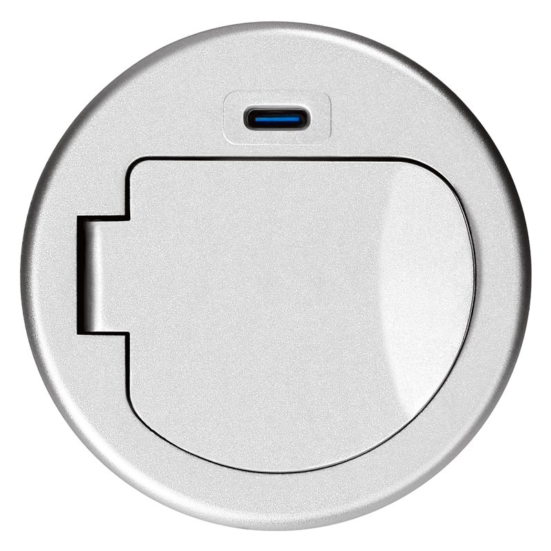 GNIAZDO MEBLOWE O6CM WPUSZCZANE W BLAT Z POKRYWKĄ, ŁADOWARKĄ USB I PRZEWODEM 1,9M, 1X2P+Z (SCHUKO), 1XUSB (TYP C 20W), SREBRNE O GNIAZDO MEBLOWE O6CM WPUSZCZANE W BLAT Z POKRYWKĄ, ŁADOWARKĄ USB I PRZEWODEM 1,9M, 1X2P+Z (SCHUKO), 1XUSB (TYP C 20W), SREBRNE O