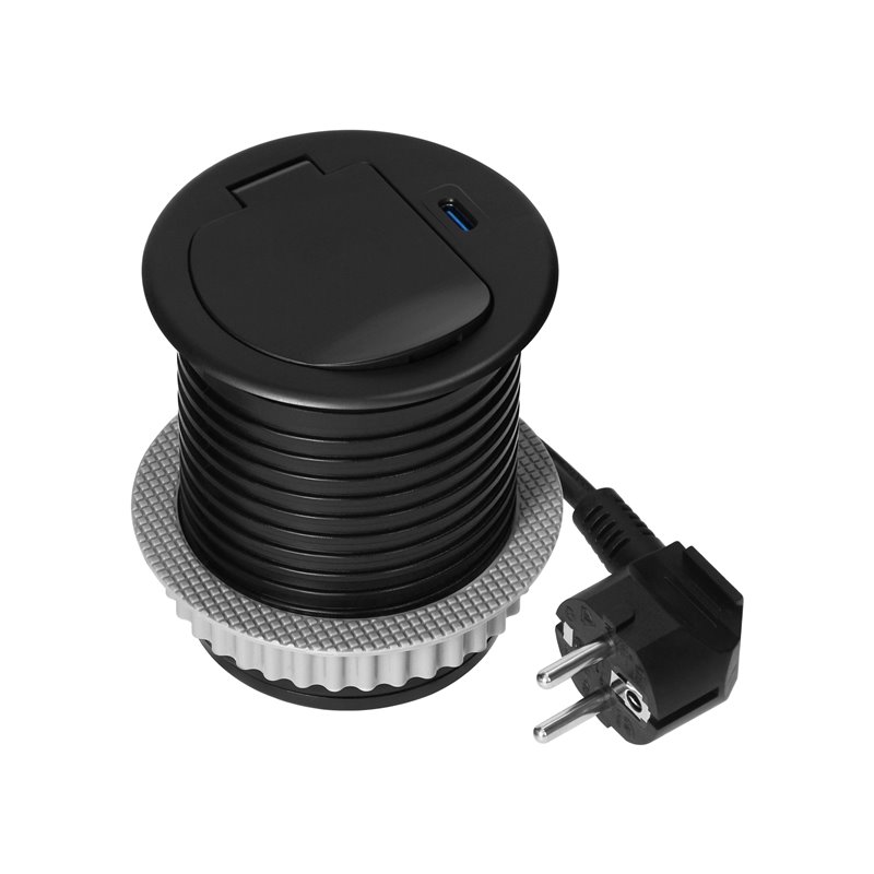 GNIAZDO MEBLOWE O6CM WPUSZCZANE W BLAT Z POKRYWKĄ, ŁADOWARKĄ USB I PRZEWODEM 1,9M, 1X2P+Z (SCHUKO), 1XUSB (TYP C 20W), CZARNE OR GNIAZDO MEBLOWE O6CM WPUSZCZANE W BLAT Z POKRYWKĄ, ŁADOWARKĄ USB I PRZEWODEM 1,9M, 1X2P+Z (SCHUKO), 1XUSB (TYP C 20W), CZARNE OR