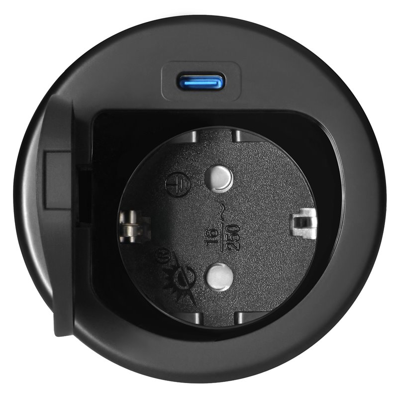 GNIAZDO MEBLOWE O6CM WPUSZCZANE W BLAT Z POKRYWKĄ, ŁADOWARKĄ USB I PRZEWODEM 1,9M, 1X2P+Z (SCHUKO), 1XUSB (TYP C 20W), CZARNE OR GNIAZDO MEBLOWE O6CM WPUSZCZANE W BLAT Z POKRYWKĄ, ŁADOWARKĄ USB I PRZEWODEM 1,9M, 1X2P+Z (SCHUKO), 1XUSB (TYP C 20W), CZARNE OR