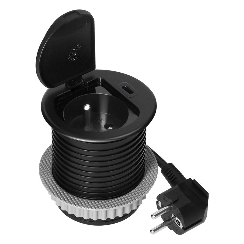 GNIAZDO MEBLOWE O6CM WPUSZCZANE W BLAT Z POKRYWKĄ, ŁADOWARKĄ USB I PRZEWODEM 1,9M, 1X2P+Z (FRENCH), 1XUSB (TYP C 20W), CZARNE OR GNIAZDO MEBLOWE O6CM WPUSZCZANE W BLAT Z POKRYWKĄ, ŁADOWARKĄ USB I PRZEWODEM 1,9M, 1X2P+Z (FRENCH), 1XUSB (TYP C 20W), CZARNE OR
