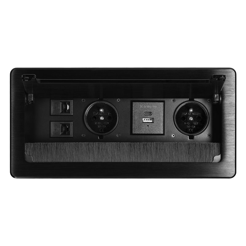 GNIAZDO MEBLOWE WPUSZCZANE W BLAT Z PŁASKIM FREZOWANYM RANTEM, SZCZOTKĄ PRZECIWKURZOWĄ I PRZEWODEM 1,5M, 2X2P+Z (FRENCH), 2XUSB GNIAZDO MEBLOWE WPUSZCZANE W BLAT Z PŁASKIM FREZOWANYM RANTEM, SZCZOTKĄ PRZECIWKURZOWĄ I PRZEWODEM 1,5M, 2X2P+Z (FRENCH), 2XUSB
