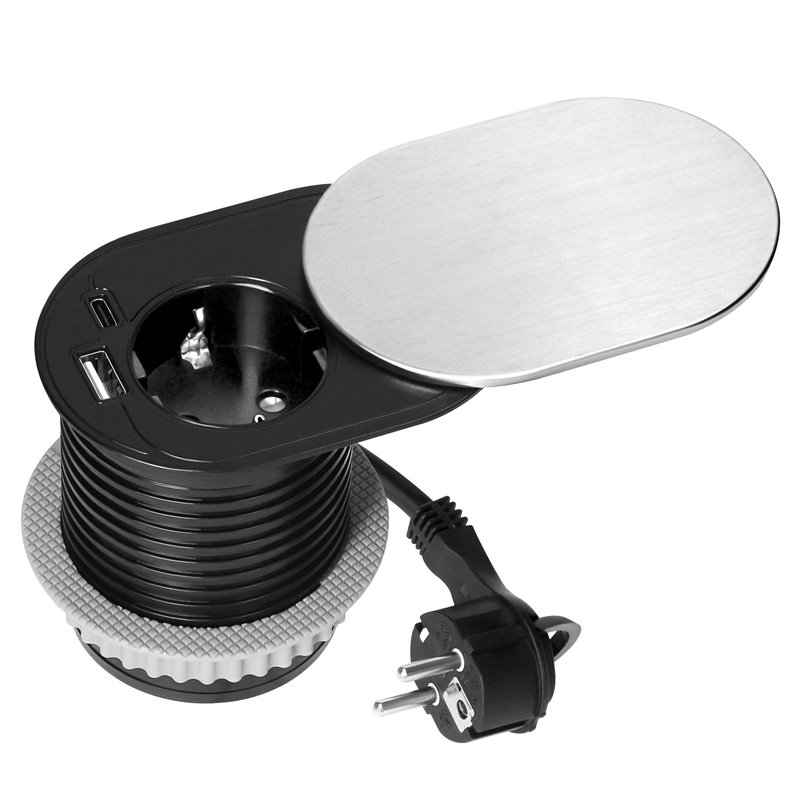 GNIAZDO MEBLOWE O6CM, WPUSZCZANE W BLAT Z PRZESUWNĄ POKRYWKĄ, ŁADOWARKĄ USB I PRZEWODEM 1,9M, 1X2P+Z (SCHUKO), 2XUSB (TYP A+C PD