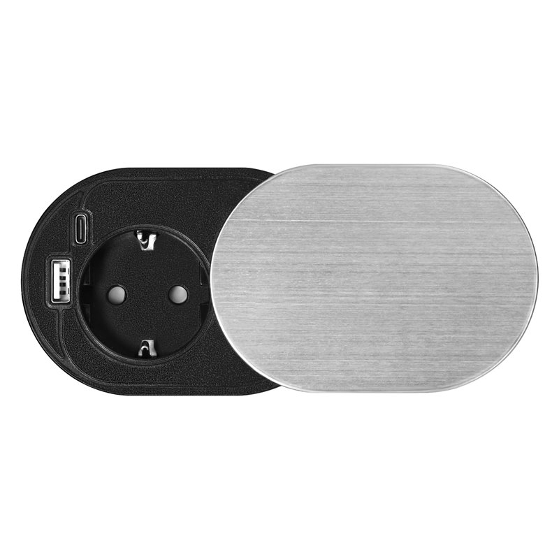 GNIAZDO MEBLOWE O6CM, WPUSZCZANE W BLAT Z PRZESUWNĄ POKRYWKĄ, ŁADOWARKĄ USB I PRZEWODEM 1,9M, 1X2P+Z (SCHUKO), 2XUSB (TYP A+C PD GNIAZDO MEBLOWE O6CM, WPUSZCZANE W BLAT Z PRZESUWNĄ POKRYWKĄ, ŁADOWARKĄ USB I PRZEWODEM 1,9M, 1X2P+Z (SCHUKO), 2XUSB (TYP A+C PD