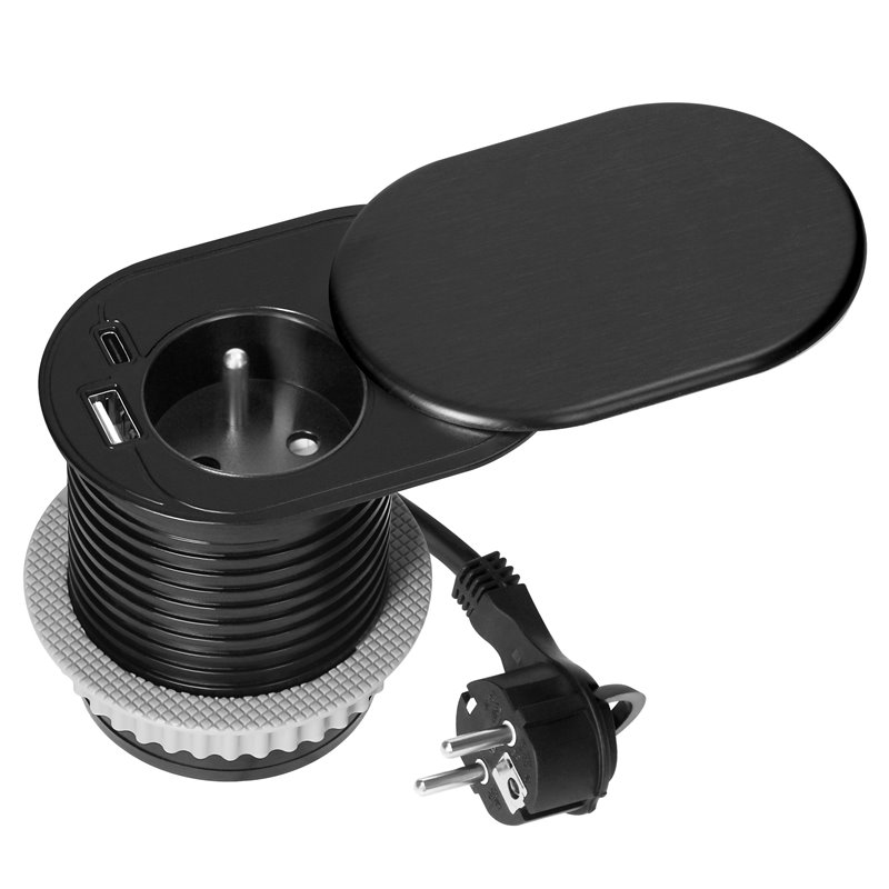 GNIAZDO MEBLOWE O6CM, WPUSZCZANE W BLAT Z PRZESUWNĄ POKRYWKĄ, ŁADOWARKĄ USB I PRZEWODEM 1,9M, 1X2P+Z (FRENCH), 2XUSB (TYP A+C PD GNIAZDO MEBLOWE O6CM, WPUSZCZANE W BLAT Z PRZESUWNĄ POKRYWKĄ, ŁADOWARKĄ USB I PRZEWODEM 1,9M, 1X2P+Z (FRENCH), 2XUSB (TYP A+C PD