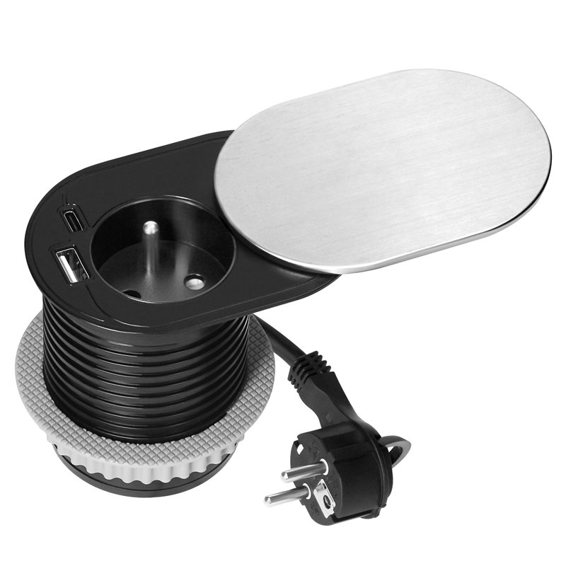 GNIAZDO MEBLOWE O6CM, WPUSZCZANE W BLAT Z PRZESUWNĄ POKRYWKĄ, ŁADOWARKĄ USB I PRZEWODEM 1,9M, 1X2P+Z (FRENCH), 2XUSB (TYP A+C PD