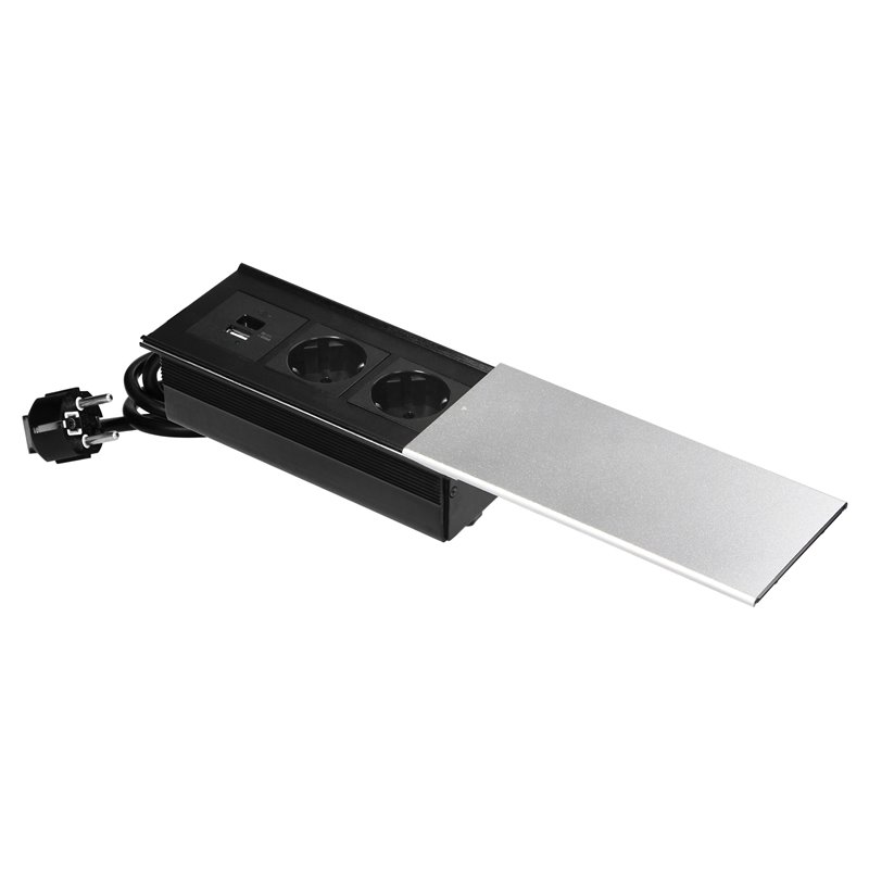 GNIAZDO MEBLOWE Z PRZESUWNĄ POKRYWĄ, 2X2P+Z (SCHUKO), USB A+C, SREBRNE ORNO
