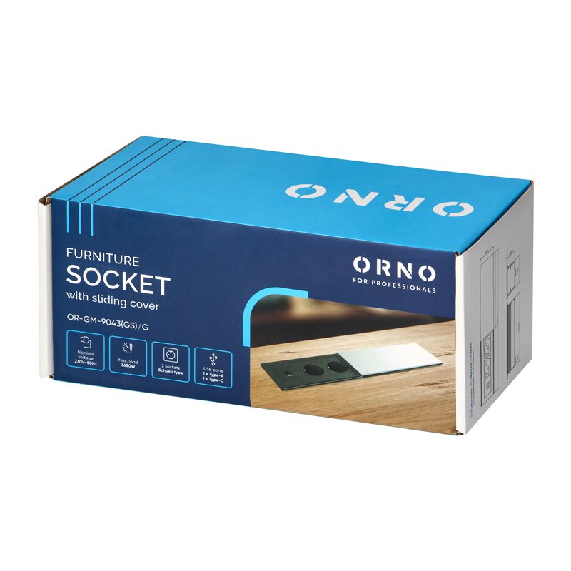 GNIAZDO MEBLOWE Z PRZESUWNĄ POKRYWĄ, 2X2P+Z (SCHUKO), USB A+C, SREBRNE ORNO GNIAZDO MEBLOWE Z PRZESUWNĄ POKRYWĄ, 2X2P+Z (SCHUKO), USB A+C, SREBRNE ORNO