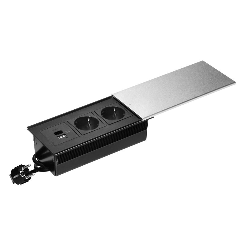 GNIAZDO MEBLOWE Z PRZESUWNĄ POKRYWĄ, 2X2P+Z (SCHUKO), USB A+C, SREBRNE ORNO GNIAZDO MEBLOWE Z PRZESUWNĄ POKRYWĄ, 2X2P+Z (SCHUKO), USB A+C, SREBRNE ORNO