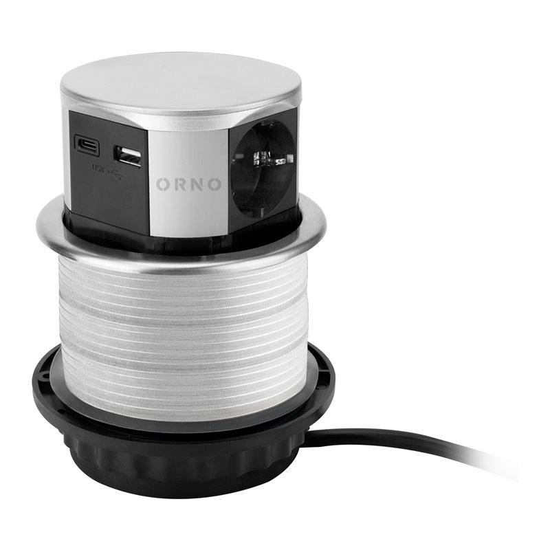 GNIAZDO MEBLOWE O10CM WYSUWANE Z BLATU Z ŁADOWARKĄ USB I PRZEWODEM 1,5M, 3X2P+Z (SCHUKO), 2XUSB (TYP A+C MAX. 3A), SREBRNE ORNO