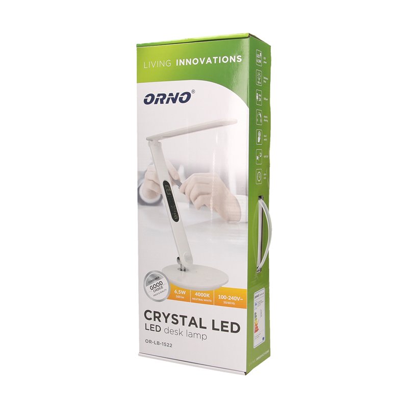 CRYSTAL LED 6,5W, LAMPKA BIURKOWA Z BUDZIKIEM, CZUJNIKIEM RUCHU I ŁADOWARKĄ USB, 500LM, 4000K, BIAŁA ORNO CRYSTAL LED 6,5W, LAMPKA BIURKOWA Z BUDZIKIEM, CZUJNIKIEM RUCHU I ŁADOWARKĄ USB, 500LM, 4000K, BIAŁA ORNO