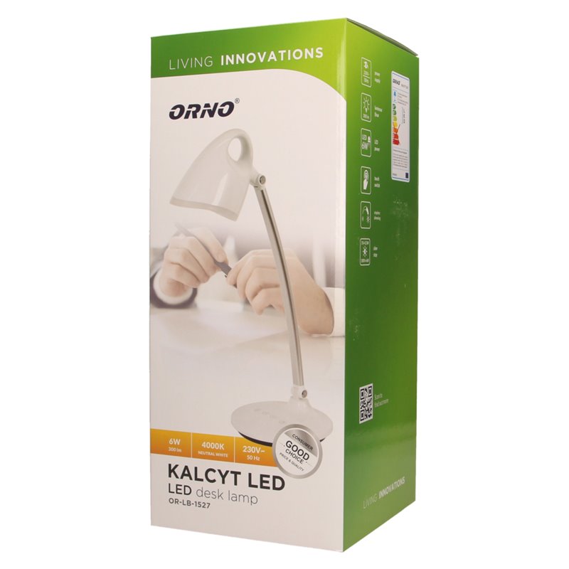 KALCYT LED 6W, LAMPKA BIURKOWA, 200LM, 4000K, WYŁĄCZNIK CZASOWY, BIAŁA ORNO KALCYT LED 6W, LAMPKA BIURKOWA, 200LM, 4000K, WYŁĄCZNIK CZASOWY, BIAŁA ORNO