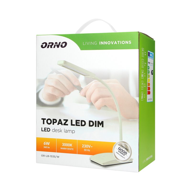 TOPAZ LED DIM 6W, LAMPKA BIURKOWA, 360LM, 3000K, BIAŁA, FUNKCJA ŚCIEMNIANIA ORNO TOPAZ LED DIM 6W, LAMPKA BIURKOWA, 360LM, 3000K, BIAŁA, FUNKCJA ŚCIEMNIANIA ORNO