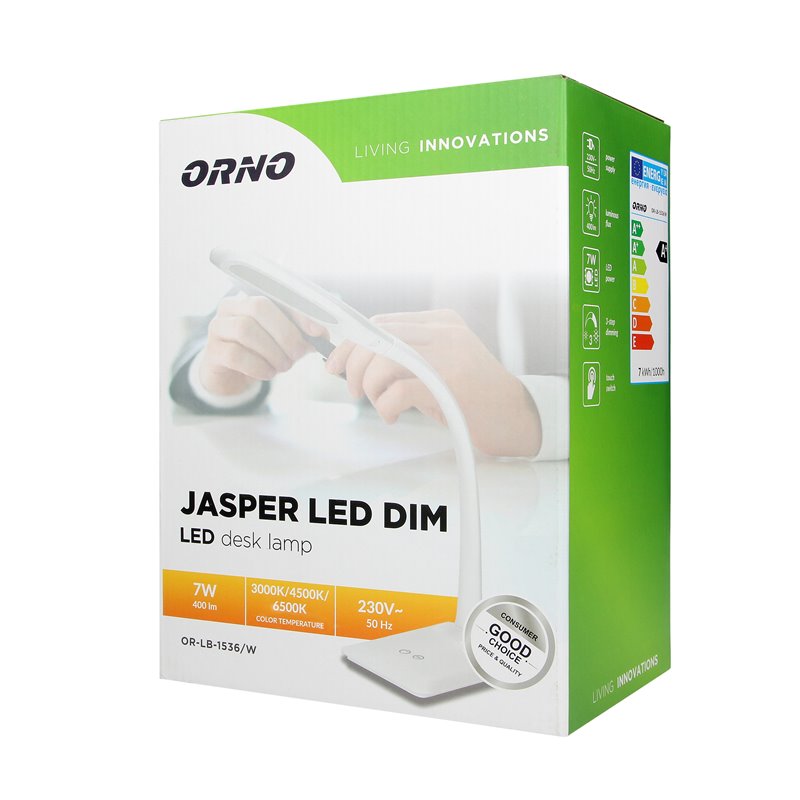 JASPER LED DIM 7W, LAMPKA BIURKOWA, 400LM, BIAŁA, FUNKCJA ŚCIEMNIANIA I ZMIANY TEMPERATURY BARWOWEJ 3000K-4500K-6000K ORNO JASPER LED DIM 7W, LAMPKA BIURKOWA, 400LM, BIAŁA, FUNKCJA ŚCIEMNIANIA I ZMIANY TEMPERATURY BARWOWEJ 3000K-4500K-6000K ORNO