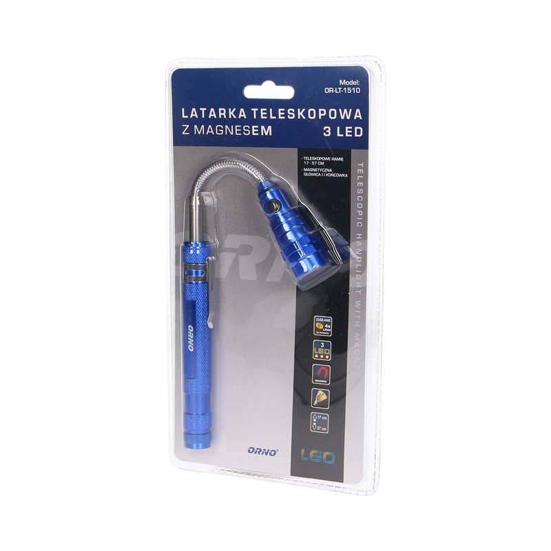 LATARKA TELESKOPOWA 17-57 CM, 3 LED, 4 X LR44, WYGINANA GŁOWICA, MAGNES ORNO LATARKA TELESKOPOWA 17-57 CM, 3 LED, 4 X LR44, WYGINANA GŁOWICA, MAGNES ORNO