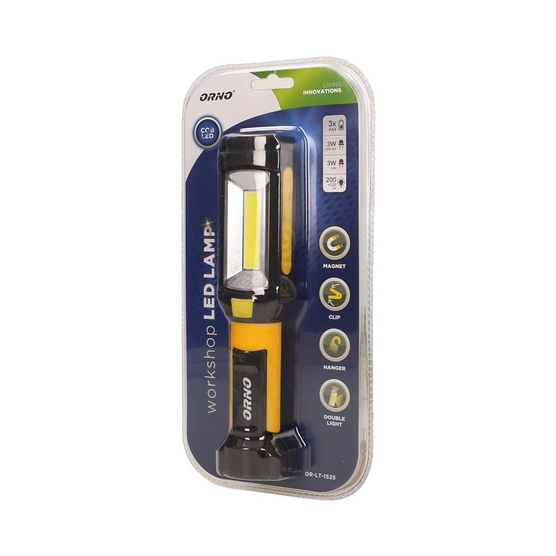 LATARKA WARSZTATOWA LED COB 3W/200LM+ LED 3W/120LM LED, 3 X AAA, MAGNES, HACZYK, KLAMRA, PODWÓJNE ŚWIATŁO ORNO LATARKA WARSZTATOWA LED COB 3W/200LM+ LED 3W/120LM LED, 3 X AAA, MAGNES, HACZYK, KLAMRA, PODWÓJNE ŚWIATŁO ORNO
