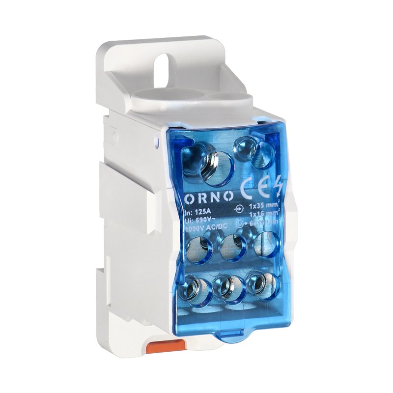 BLOK ROZDZIELCZY 125A, ZACISKI WEJŚCIOWE 1X16 I 1X35MM2, ZACISKI WYJŚCIOWE 6X16MM2 ORNO BLOK ROZDZIELCZY 125A, ZACISKI WEJŚCIOWE 1X16 I 1X35MM2, ZACISKI WYJŚCIOWE 6X16MM2 ORNO