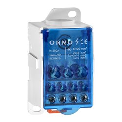 BLOK ROZDZIELCZY 250A, ZACISK WEJŚCIOWY 1X120MM2, ZACISKI WYJŚCIOWE 4X10 I 5X16 I 2X25MM2 ORNO BLOK ROZDZIELCZY 250A, ZACISK WEJŚCIOWY 1X120MM2, ZACISKI WYJŚCIOWE 4X10 I 5X16 I 2X25MM2 ORNO