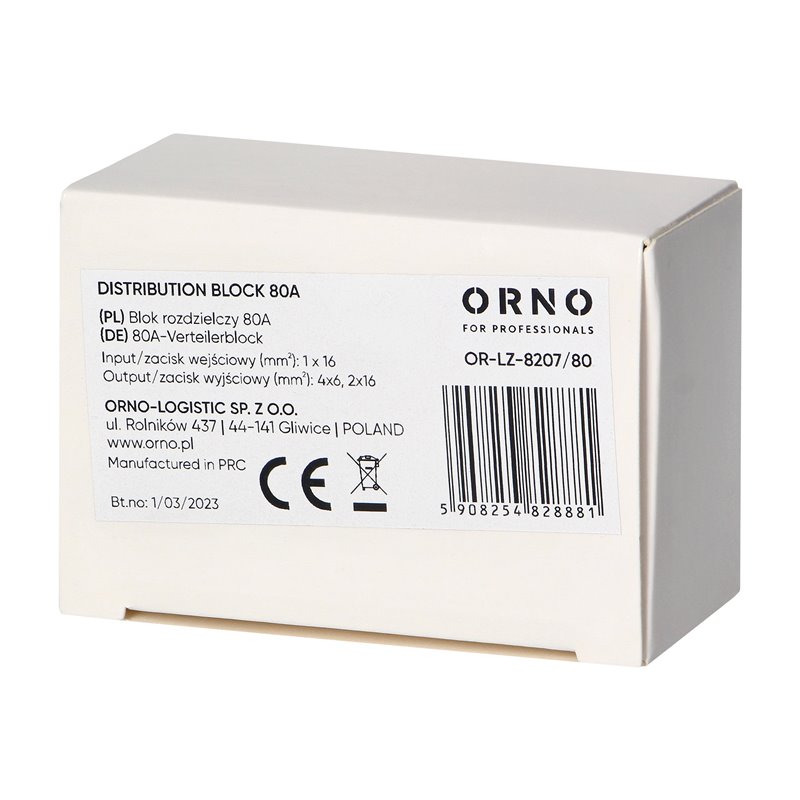 BLOK ROZDZIELCZY 80A, ZACISK WEJŚCIOWY 16MM2, ZACISKI WYJŚCIOWE 4X6MM2, 2X16MM2 ORNO BLOK ROZDZIELCZY 80A, ZACISK WEJŚCIOWY 16MM2, ZACISKI WYJŚCIOWE 4X6MM2, 2X16MM2 ORNO
