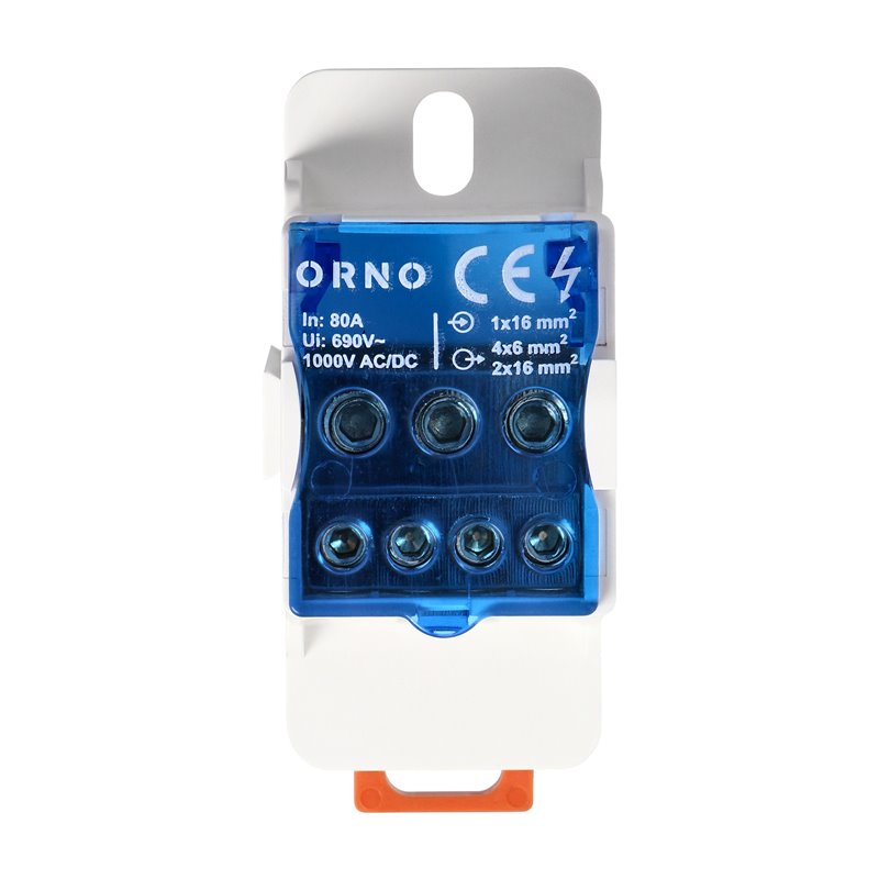 BLOK ROZDZIELCZY 80A, ZACISK WEJŚCIOWY 16MM2, ZACISKI WYJŚCIOWE 4X6MM2, 2X16MM2 ORNO BLOK ROZDZIELCZY 80A, ZACISK WEJŚCIOWY 16MM2, ZACISKI WYJŚCIOWE 4X6MM2, 2X16MM2 ORNO