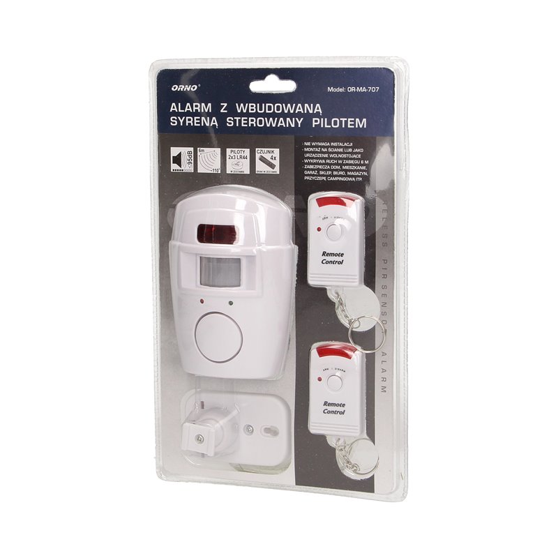 MINI ALARM BEZPRZEWODOWY Z WBUDOWANĄ SYRENĄ STEROWANY PILOTEM, 6M, BATERYJNY ORNO MINI ALARM BEZPRZEWODOWY Z WBUDOWANĄ SYRENĄ STEROWANY PILOTEM, 6M, BATERYJNY ORNO