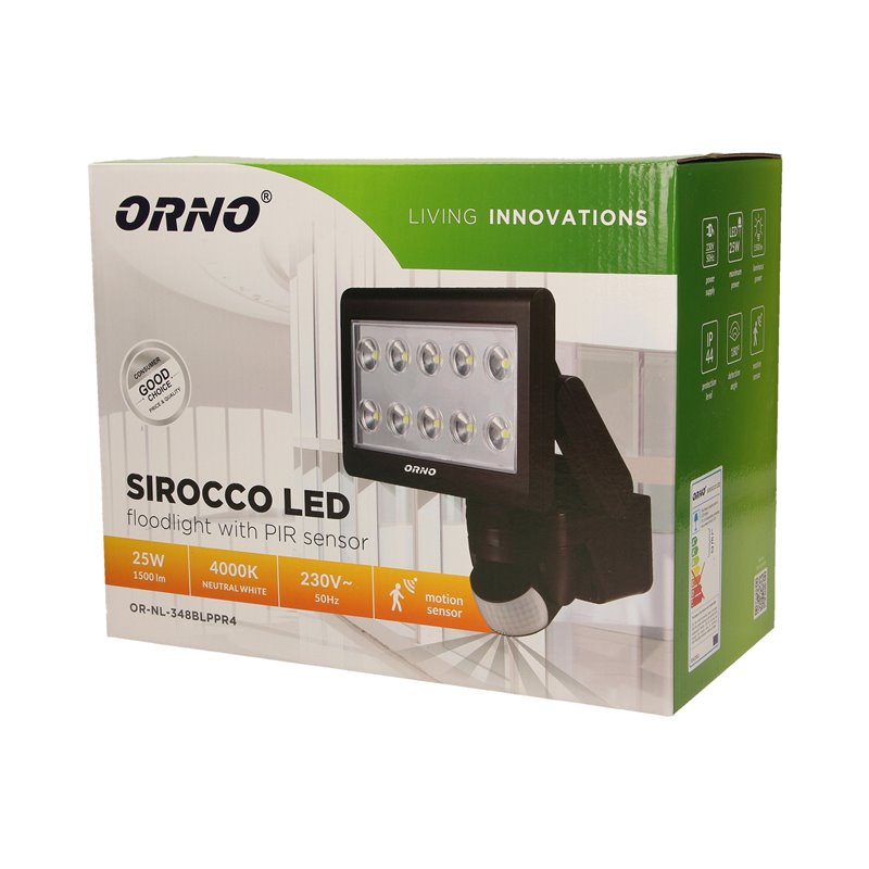 SIROCCO LED 25W, NAŚWIETLACZ Z CZUJNIKIEM RUCHU, 1500LM, IP44, 4000K CZARNY ORNO SIROCCO LED 25W, NAŚWIETLACZ Z CZUJNIKIEM RUCHU, 1500LM, IP44, 4000K CZARNY ORNO