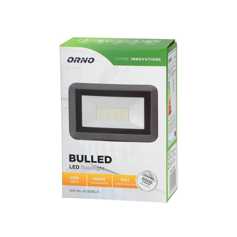BULLED 20W NAŚWIETLACZ 1600LM, IP65, 4000K, ALU+SZKŁO ORNO BULLED 20W NAŚWIETLACZ 1600LM, IP65, 4000K, ALU+SZKŁO ORNO