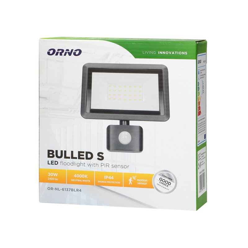 BULLED S 30W NAŚWIETLACZ Z PIR, 2400LM, IP44, 4000K, ALU+SZKŁO ORNO BULLED S 30W NAŚWIETLACZ Z PIR, 2400LM, IP44, 4000K, ALU+SZKŁO ORNO