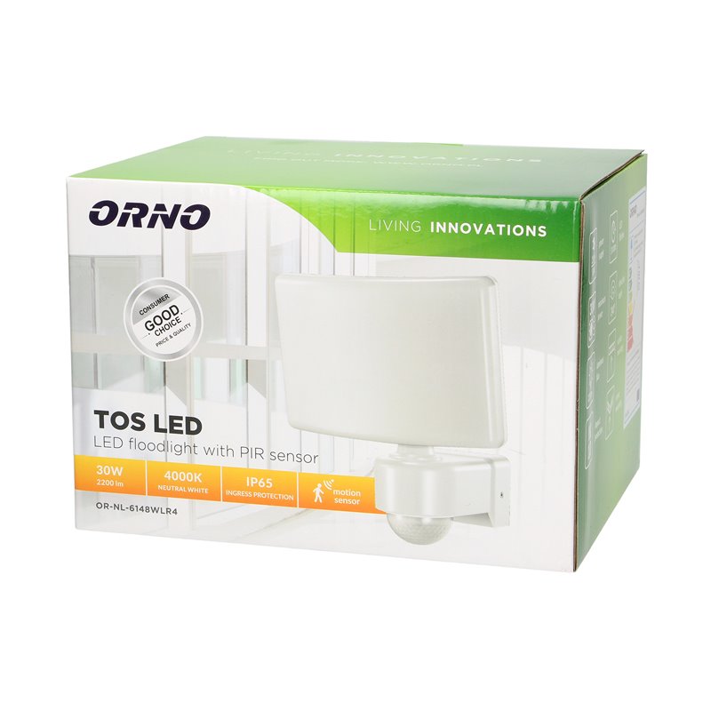TOS LED 30W NAŚWIETLACZ OGRODOWY Z PIR, 2200LM, IP65, 4000K, PC, BIAŁY ORNO TOS LED 30W NAŚWIETLACZ OGRODOWY Z PIR, 2200LM, IP65, 4000K, PC, BIAŁY ORNO