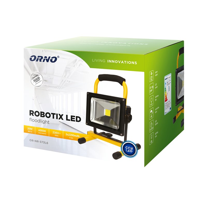 ROBOTIX LED COB 20W NAŚWIETLACZ ROBOCZY, PRZENOŚNY Z AKUMULATOREM, 800LM, IP44, 6000K, 4400MAH ORNO ROBOTIX LED COB 20W NAŚWIETLACZ ROBOCZY, PRZENOŚNY Z AKUMULATOREM, 800LM, IP44, 6000K, 4400MAH ORNO