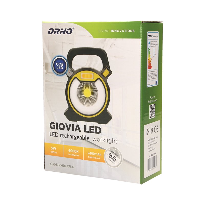 GIOVIA LED 5W NAŚWIETLACZ ROBOCZY Z AKUMULATOREM, 300LM, IP44, 6000K, 2X1200MAH, Z ŁADOWARKĄ USB I FUNKCJĄ POWER BANK ORNO GIOVIA LED 5W NAŚWIETLACZ ROBOCZY Z AKUMULATOREM, 300LM, IP44, 6000K, 2X1200MAH, Z ŁADOWARKĄ USB I FUNKCJĄ POWER BANK ORNO